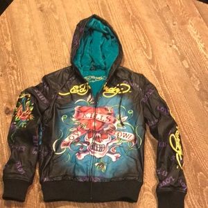 Ed Hardy hooded leather jacket